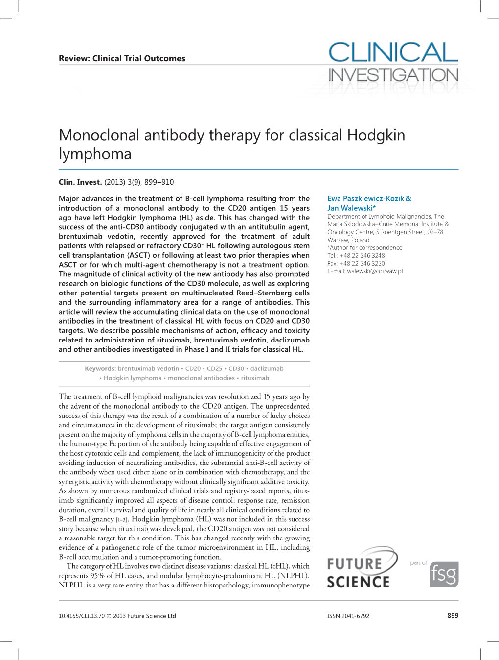 Monoclonal Antibody Therapy for Classical Hodgkin Lymphoma