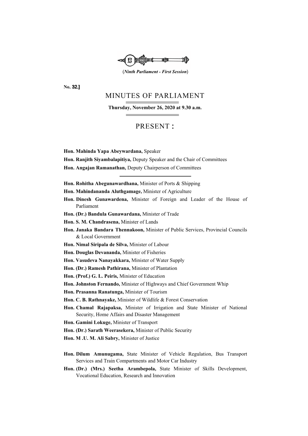 Minutes of Parliament for 26.11.2020