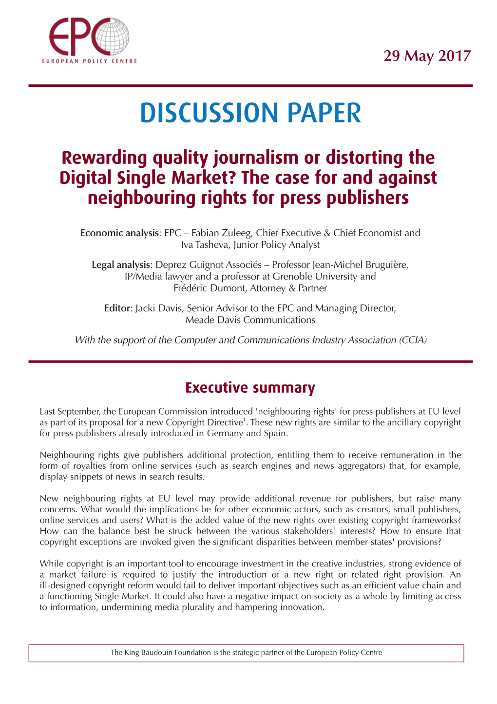 Rewarding Quality Journalism Or Distorting the Digital Single Market? the Case for and Against Neighbouring Rights for Press Publishers