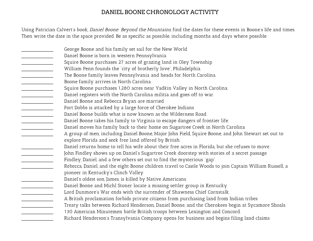 Daniel Boone Chronology Activity