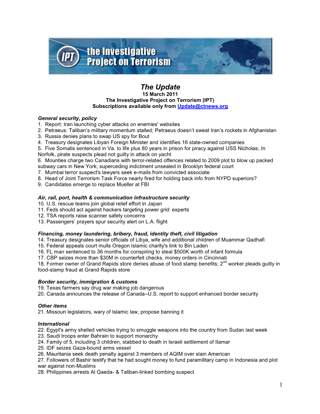 The Update 15 March 2011 the Investigative Project on Terrorism (IPT) Subscriptions Available Only from Update@Ctnews.Org