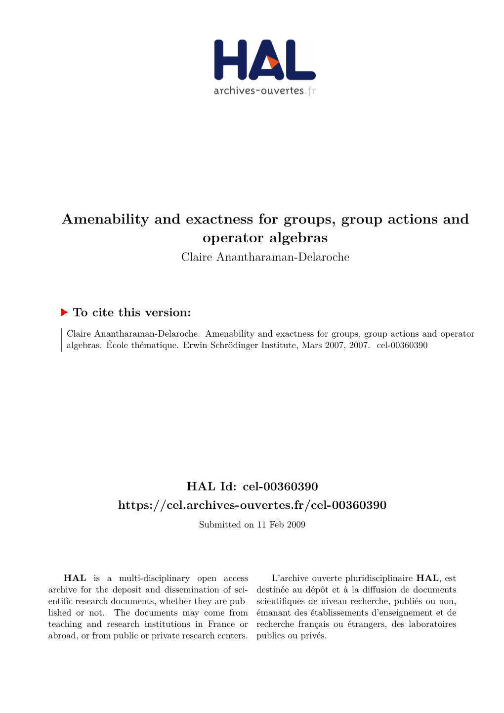 Amenability and Exactness for Groups, Group Actions and Operator Algebras Claire Anantharaman-Delaroche