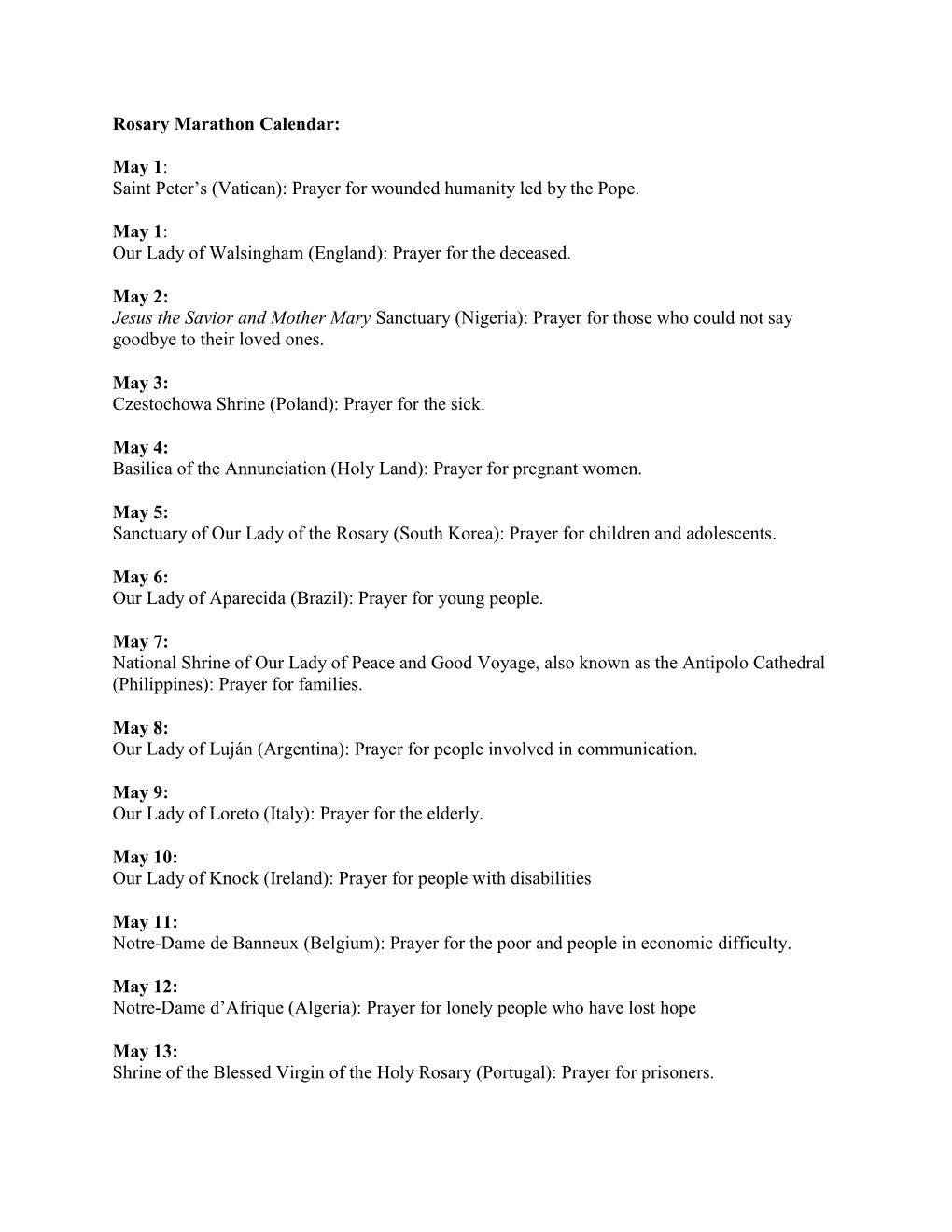 Rosary Marathon Calendar: May 1: Saint Peter's (Vatican): Prayer For