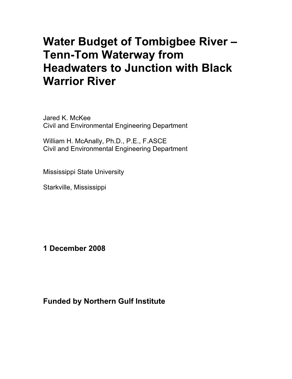 Water Budget of Tombigbee River – Tenn-Tom Waterway from Headwaters to Junction with Black Warrior River