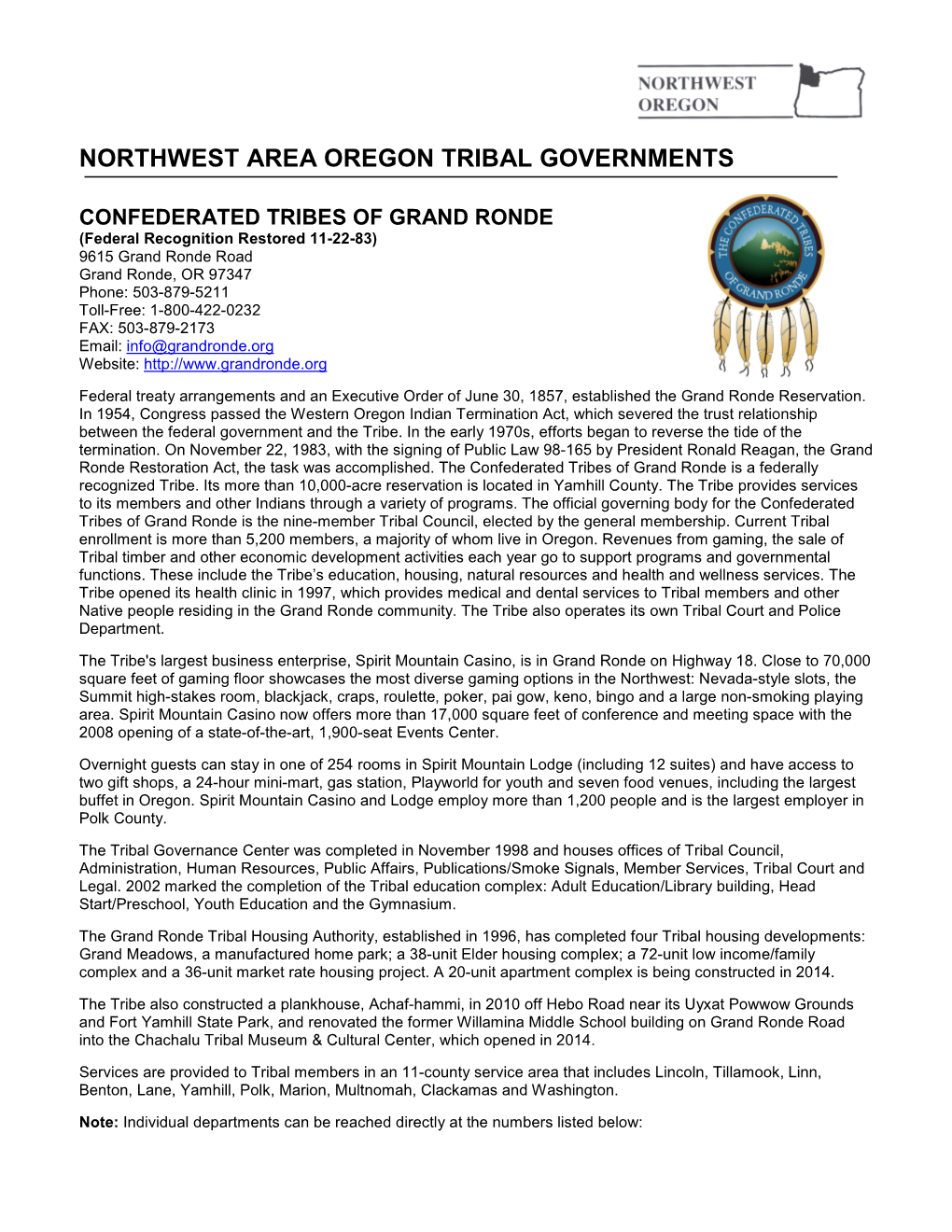 Northwest Area Oregon Tribal Governments