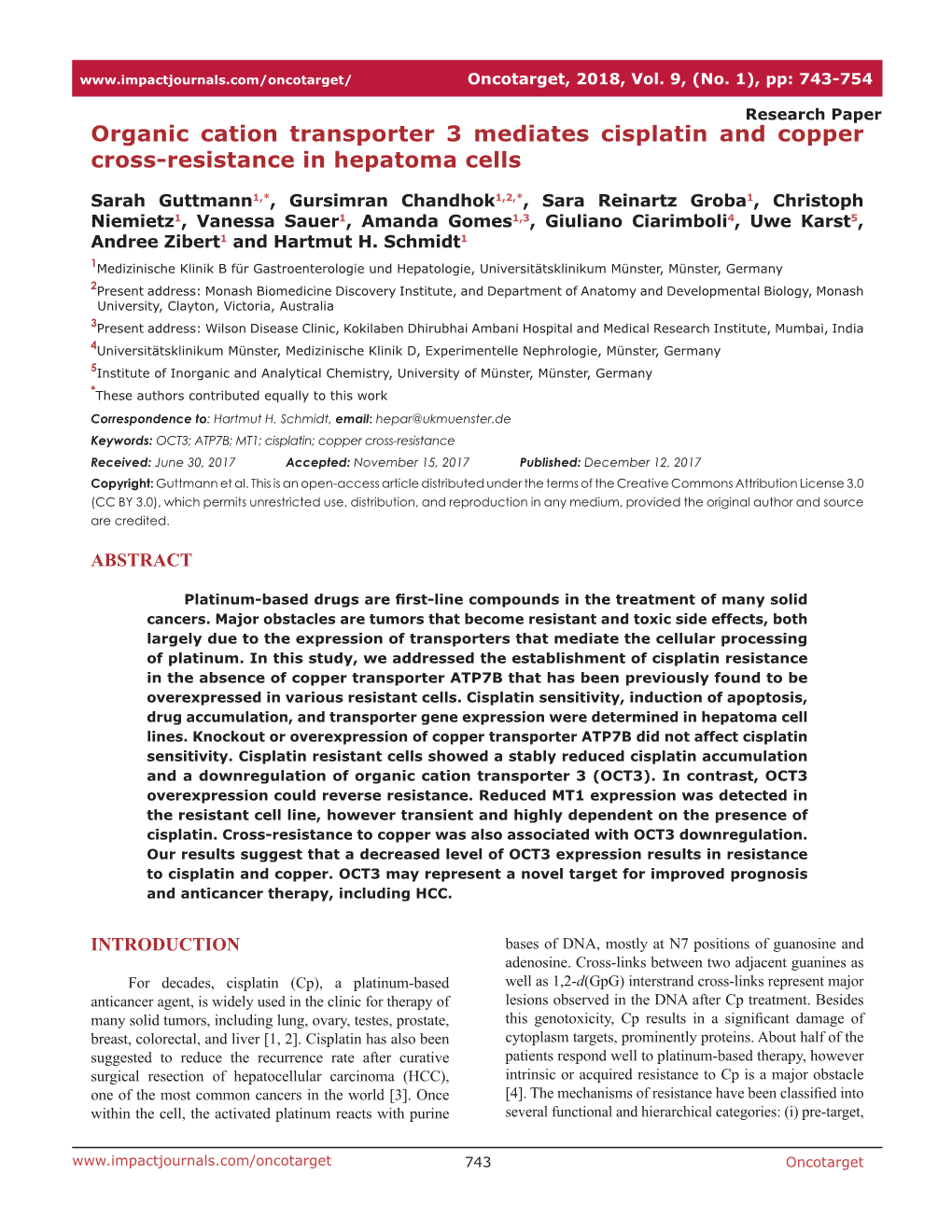 Organic Cation Transporter 3 Mediates Cisplatin and Copper Cross-Resistance in Hepatoma Cells