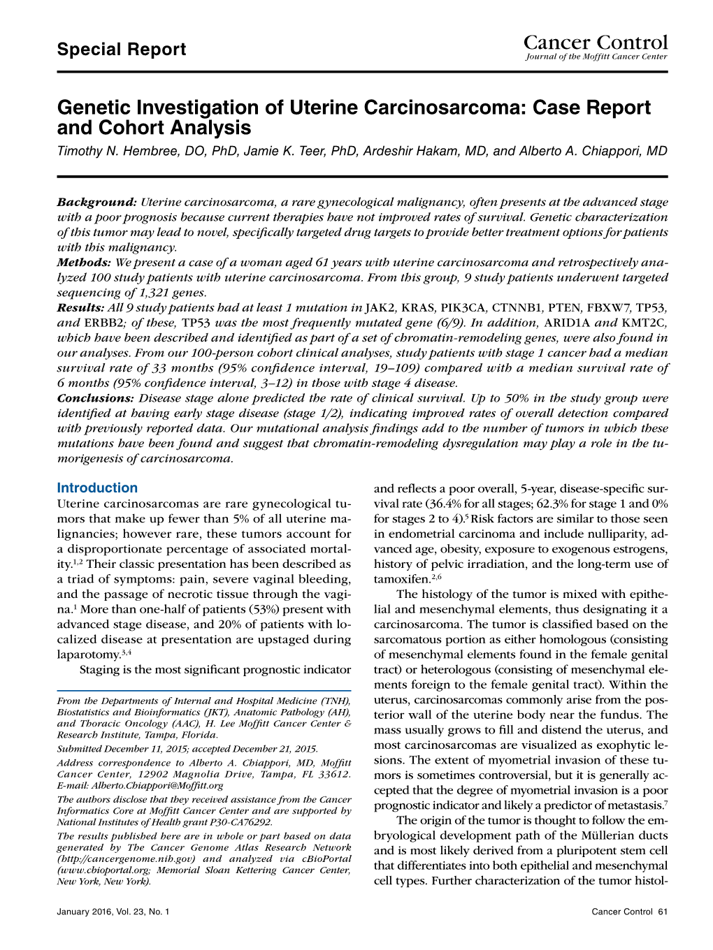 Genetic Investigation of Uterine Carcinosarcoma: Case Report and Cohort Analysis Timothy N