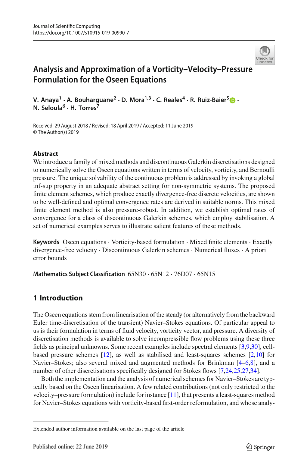 Analysis and Approximation of a Vorticity–Velocity–Pressure Formulation for the Oseen Equations