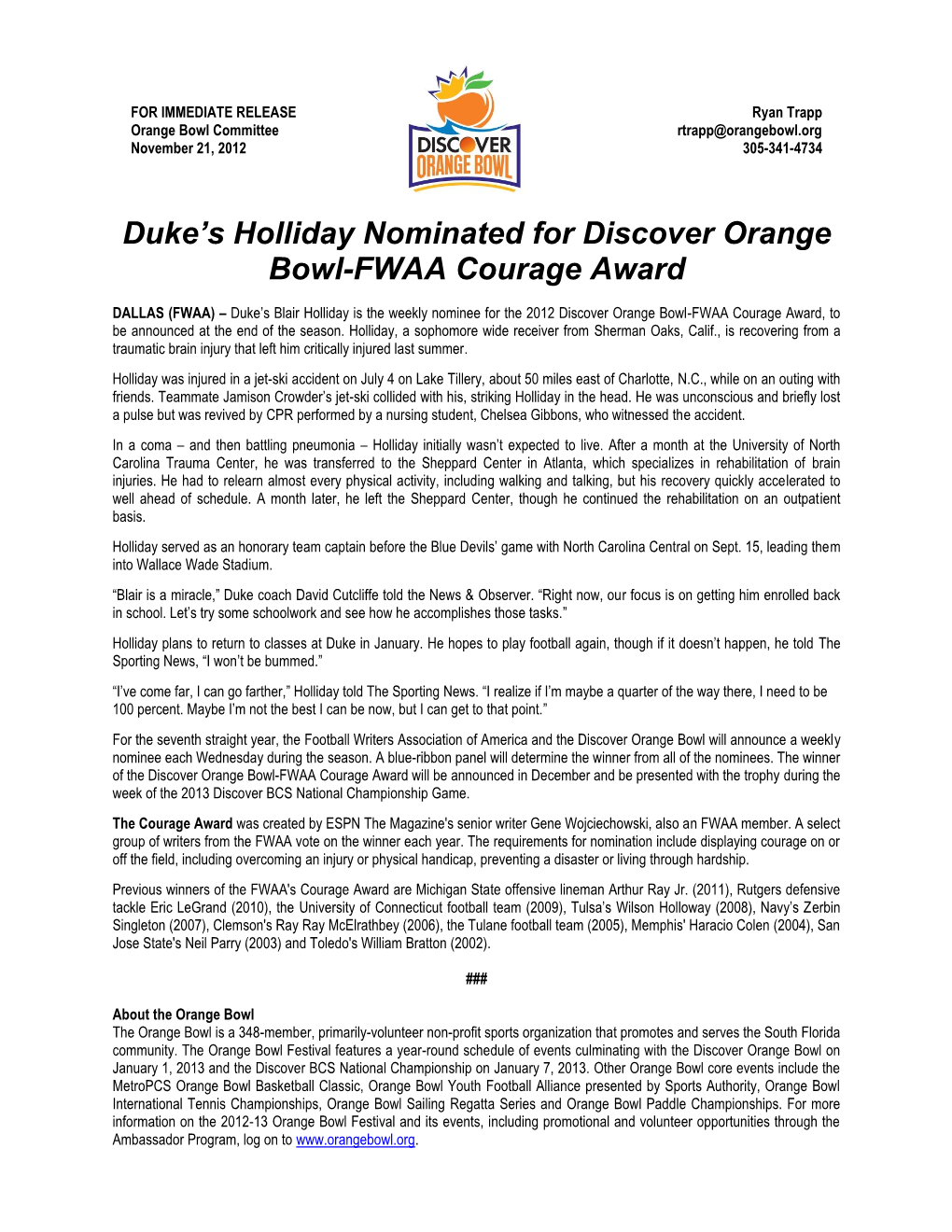 Duke's Holliday Nominated for Discover Orange Bowl-FWAA