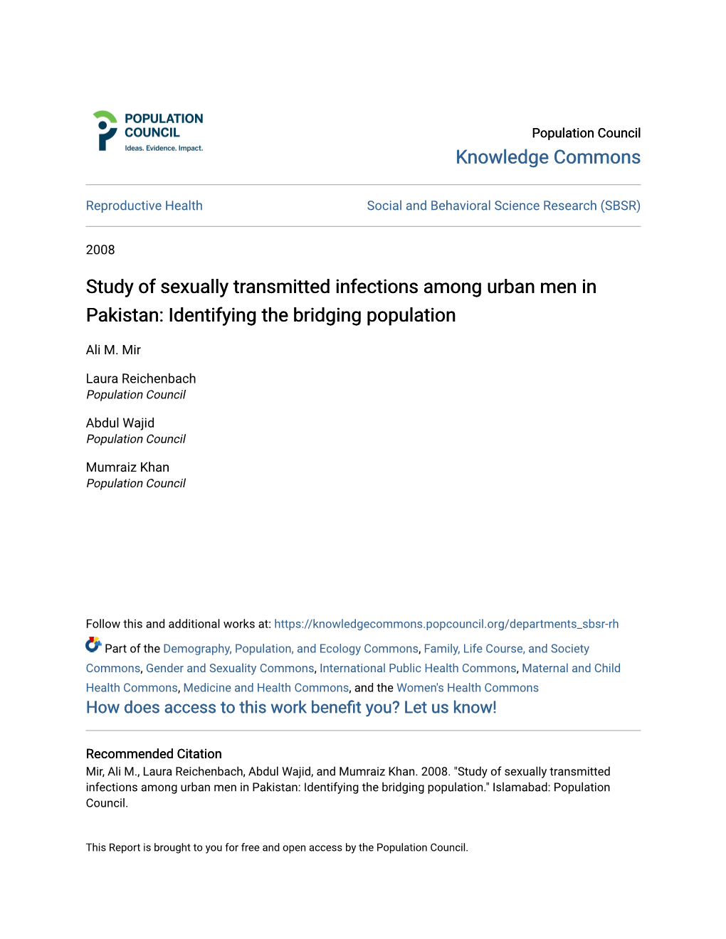 Study of Sexually Transmitted Infections Among Urban Men in Pakistan: Identifying the Bridging Population