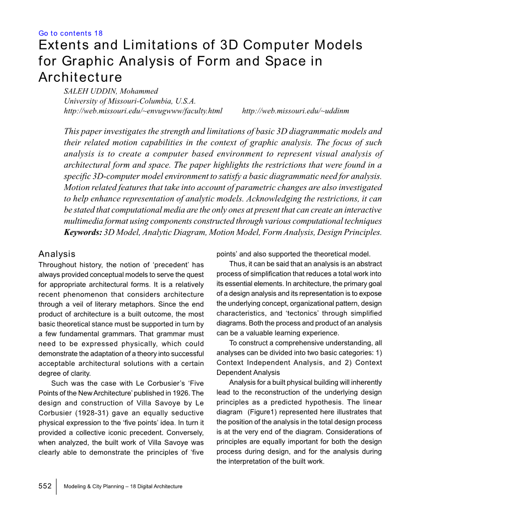 Extents and Limitations of 3D Computer Models for Graphic Analysis of Form and Space in Architecture SALEH UDDIN, Mohammed University of Missouri-Columbia, U.S.A