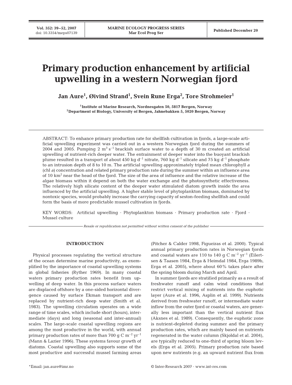 Primary Production Enhancement by Artificial Upwelling in a Western Norwegian Fjord