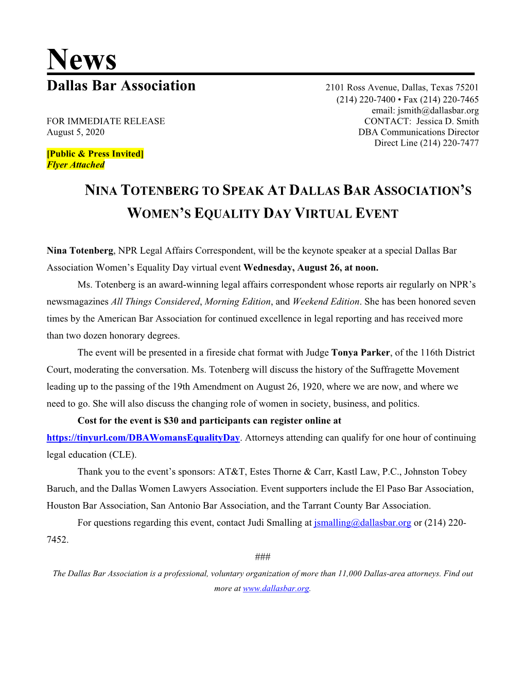 Nina Totenberg to Speak at DBA's Women's