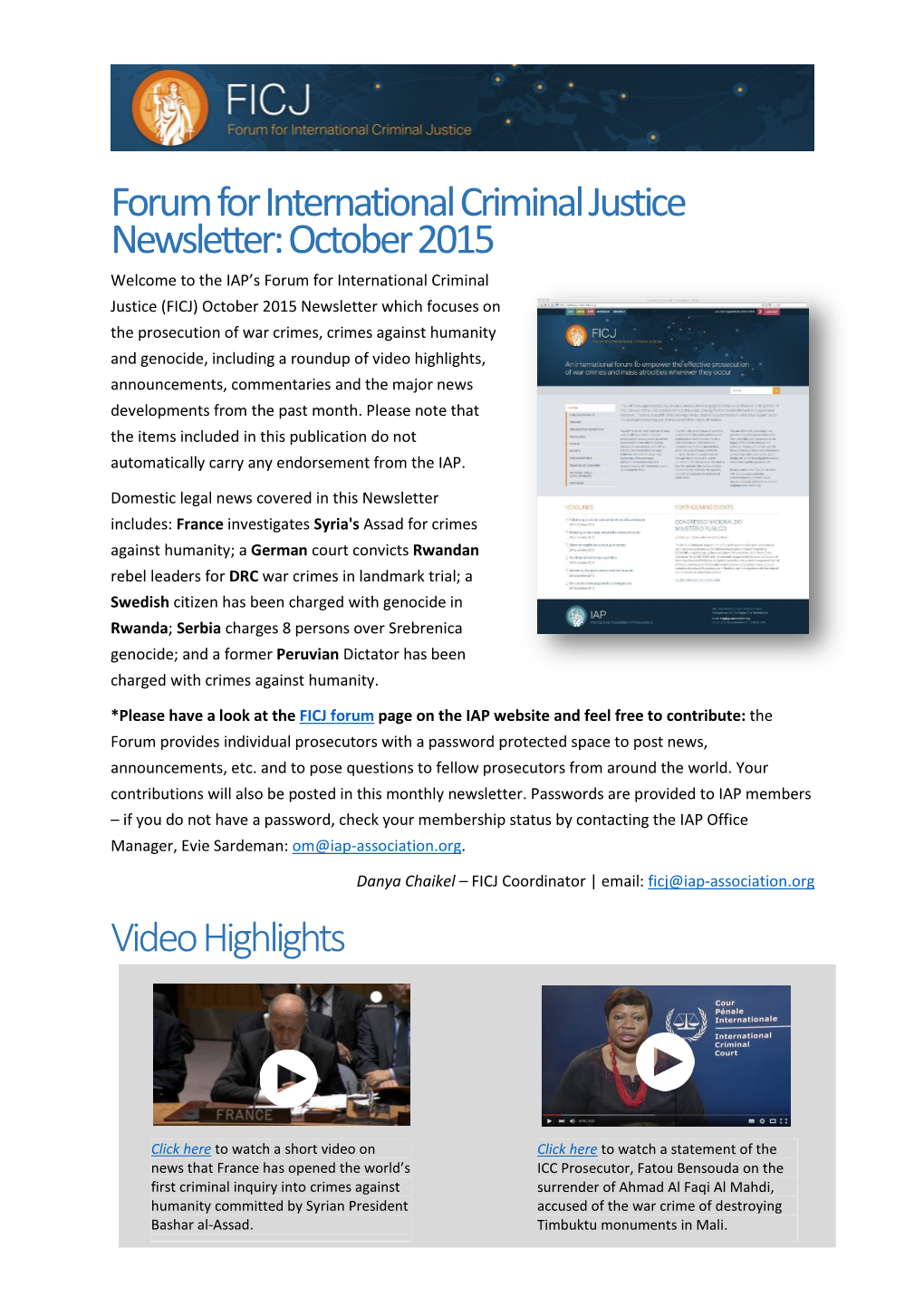 Forum for International Criminal Justice Newsletter: October 2015