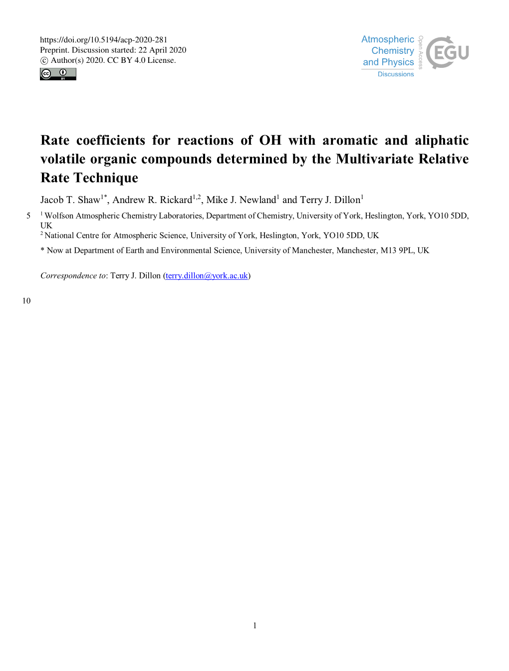 Rate Coefficients for Reactions of OH with Aromatic and Aliphatic Volatile Organic Compounds Determined by the Multivariate Relative Rate Technique Jacob T