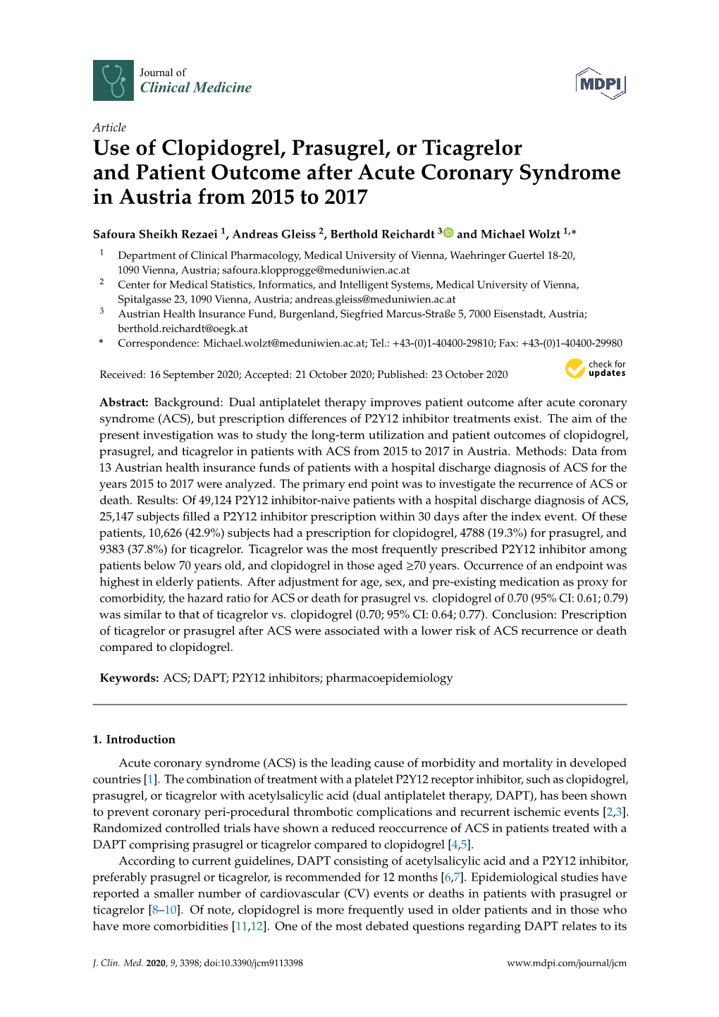 Use of Clopidogrel, Prasugrel, Or Ticagrelor and Patient Outcome After Acute Coronary Syndrome in Austria from 2015 to 2017