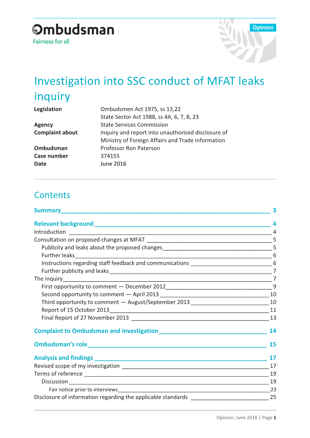 Investigation Into SSC Conduct of MFAT Leaks Inquiry