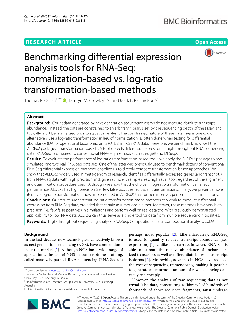Benchmarking Differential Expression Analysis Tools for RNA-Seq: Normalization-Based Vs. Log-Ratio Transformation-Based Methods Thomas P
