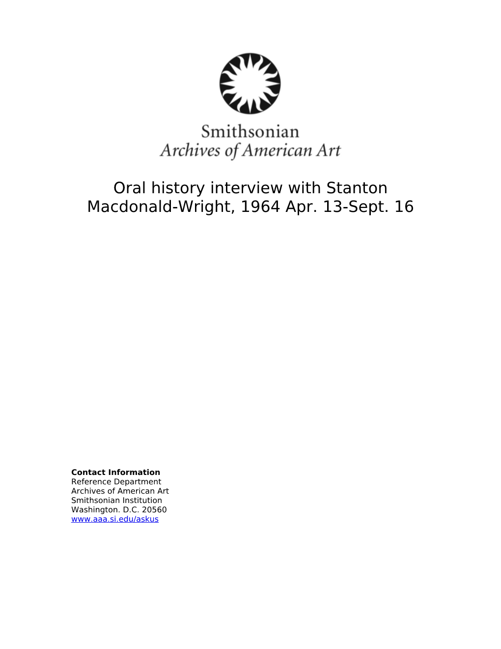 Oral History Interview with Stanton Macdonald-Wright, 1964 Apr. 13-Sept. 16