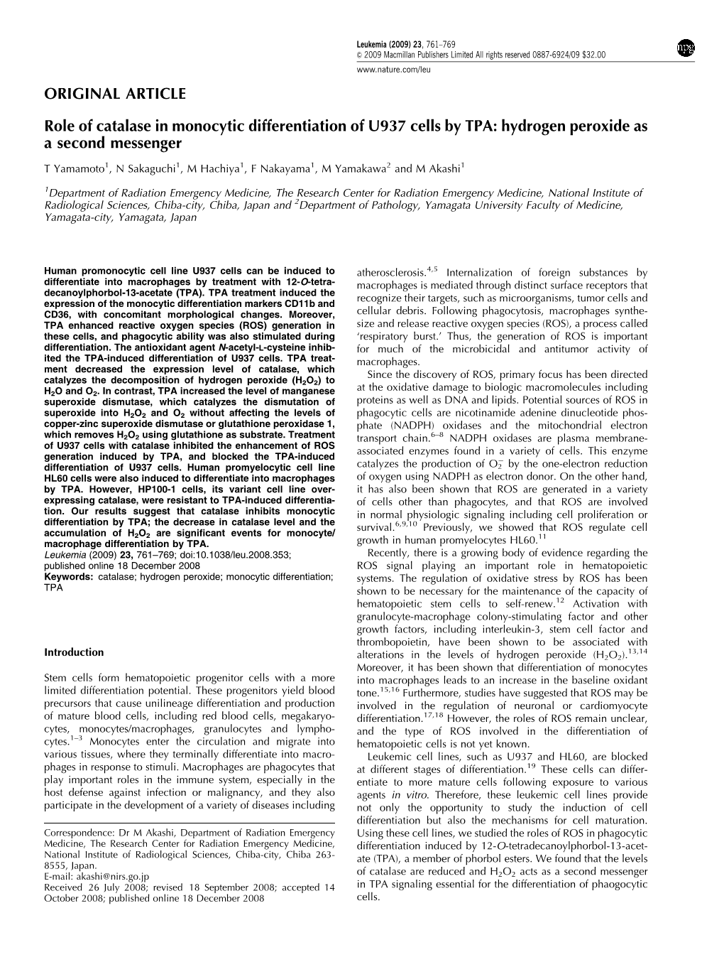 Role of Catalase in Monocytic Differentiation of U937 Cells by TPA: Hydrogen Peroxide As a Second Messenger