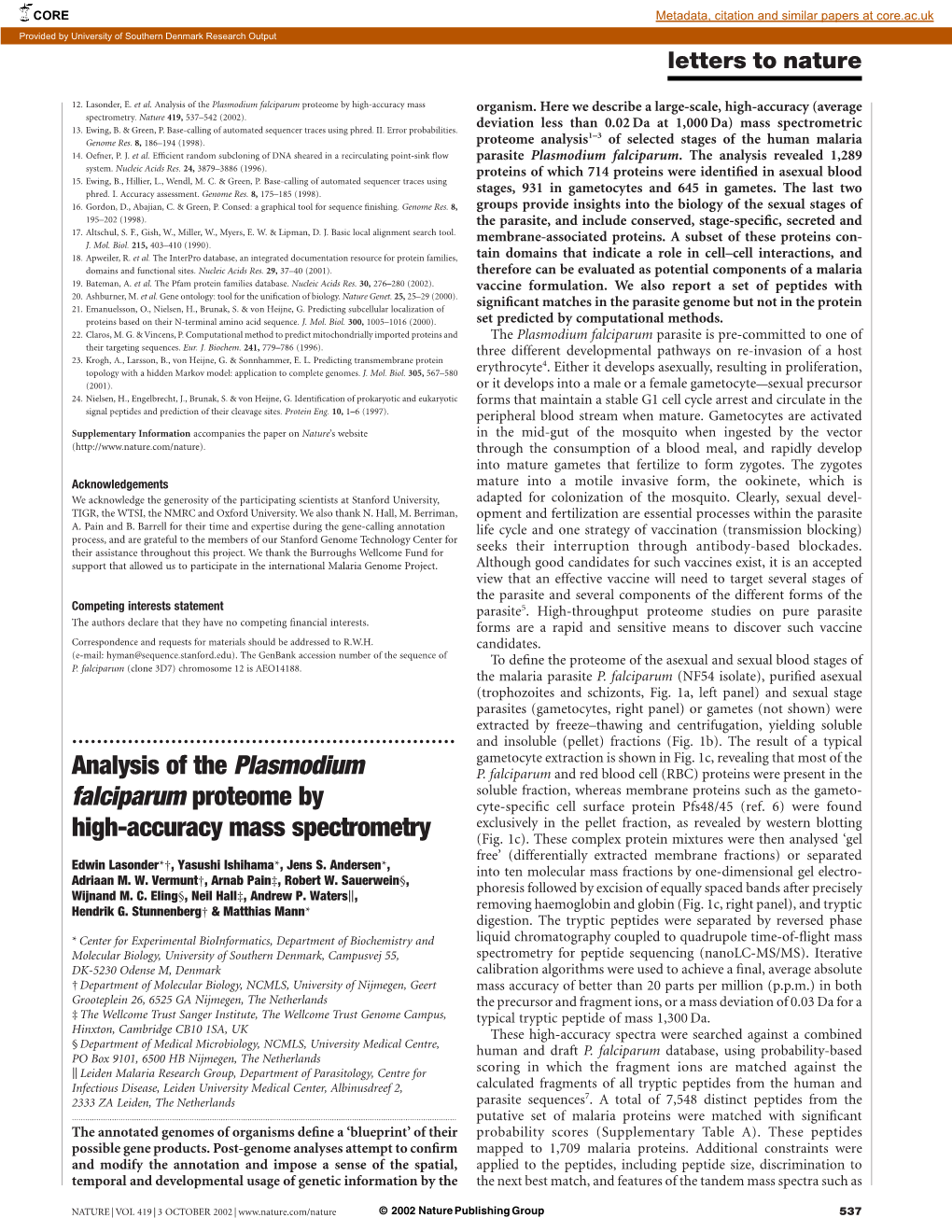 Analysis of the Plasmodium Falciparum Proteome by High-Accuracy Mass Organism