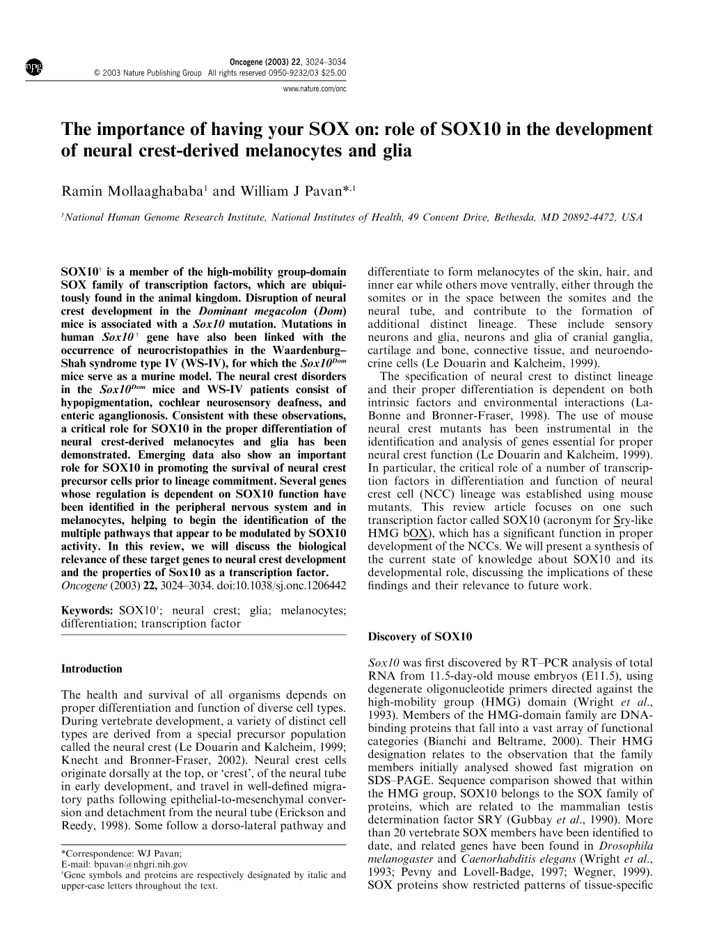 Role of SOX10 in the Development of Neural Crest-Derived Melanocytes and Glia