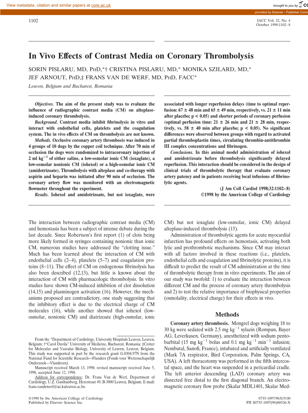 In Vivo Effects of Contrast Media on Coronary Thrombolysis