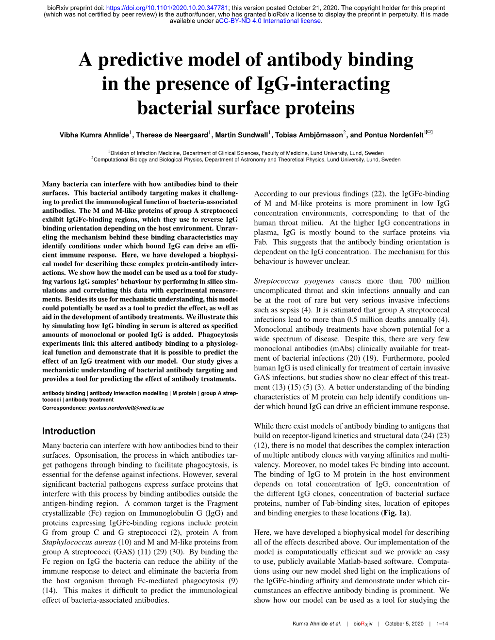 A Predictive Model of Antibody Binding in the Presence of Igg-Interacting Bacterial Surface Proteins