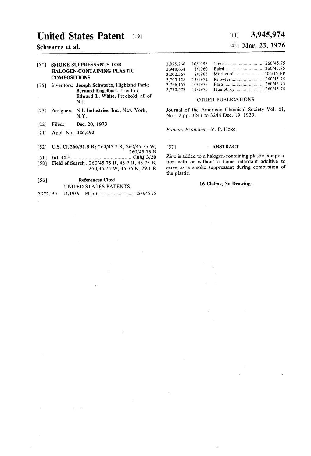 United States Patent (19) [11] 3,945,974 Schwarcz Et Al