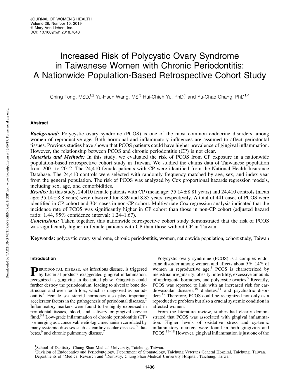 Increased Risk of Polycystic Ovary Syndrome in Taiwanese Women with Chronic Periodontitis: a Nationwide Population-Based Retrospective Cohort Study