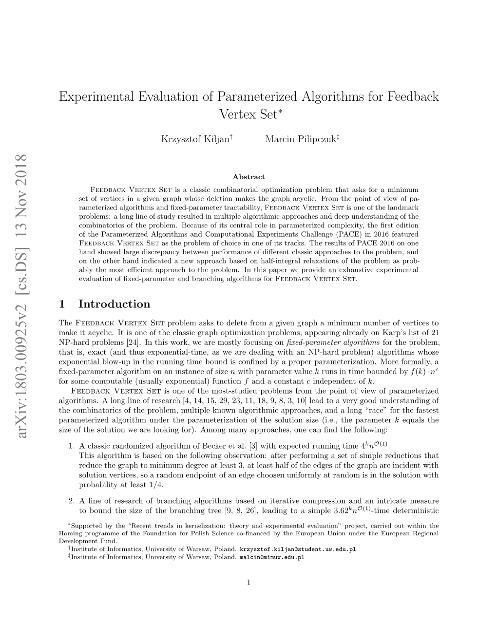 Experimental Evaluation of Parameterized Algorithms for Feedback Vertex Set: Code Repository, 2018