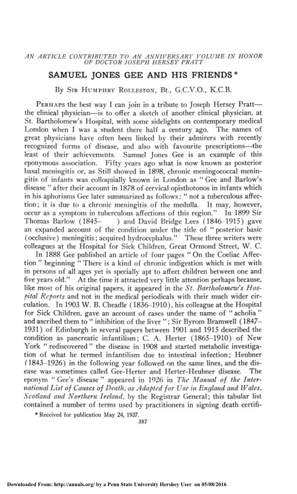 An Article Contributed to an Anniversary Volume in Honor of Doctor Joseph Hersey Pratt: Samuel Jones Gee and His Friends*