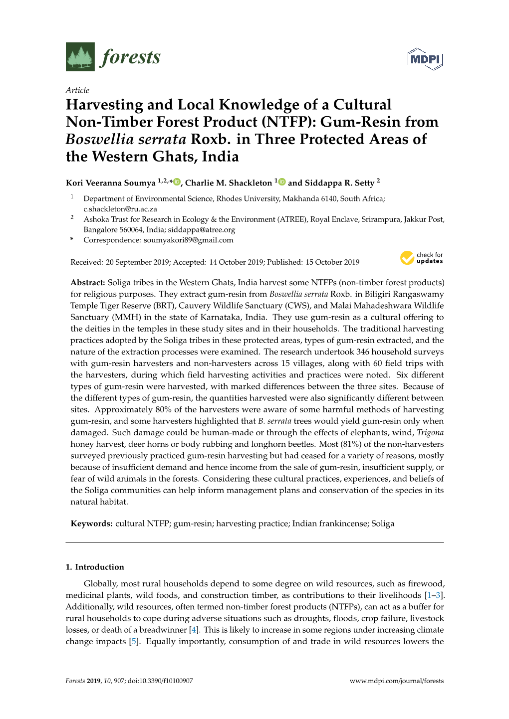 Gum-Resin from Boswellia Serrata Roxb. in Three Protected Areas of the Western Ghats, India