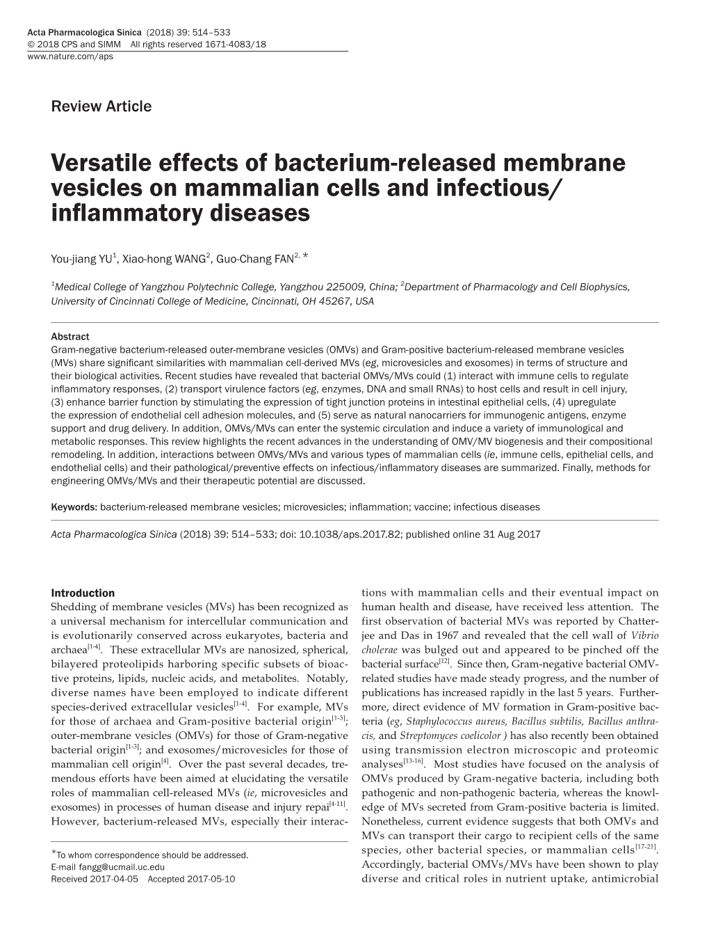 Versatile Effects of Bacterium-Released Membrane Vesicles on Mammalian Cells and Infectious/ Inflammatory Diseases