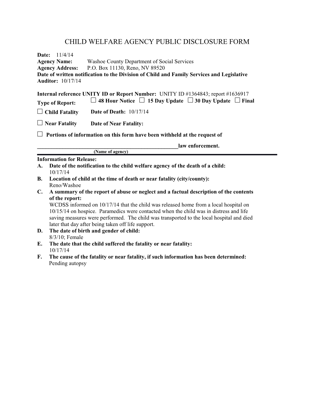 Child Welfare Agency Public Disclosure Form