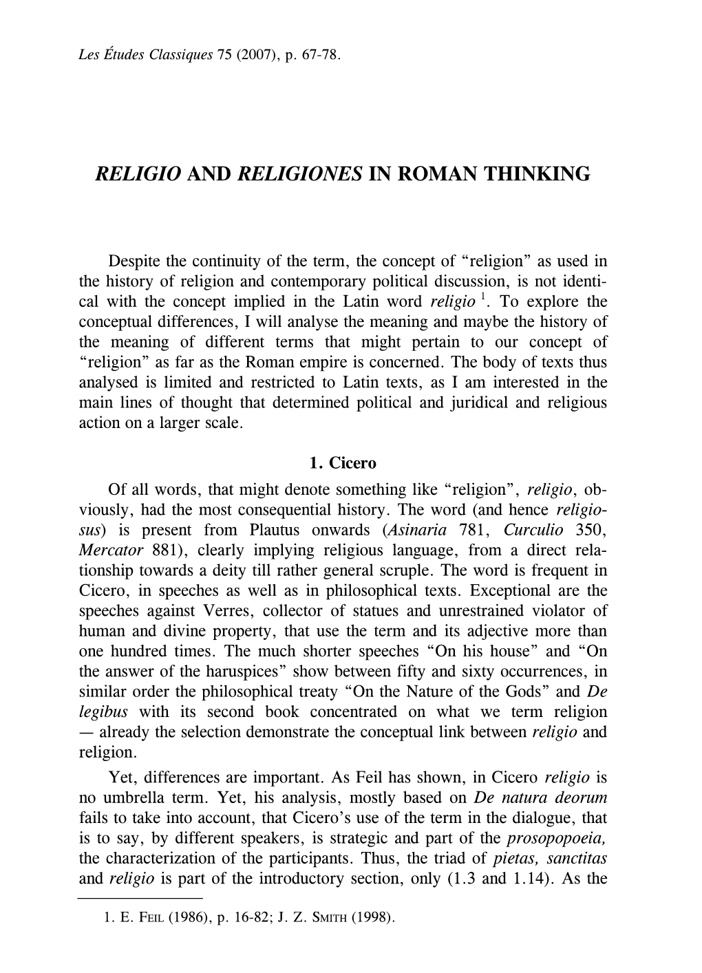 Religio and Religiones in Roman Thinking