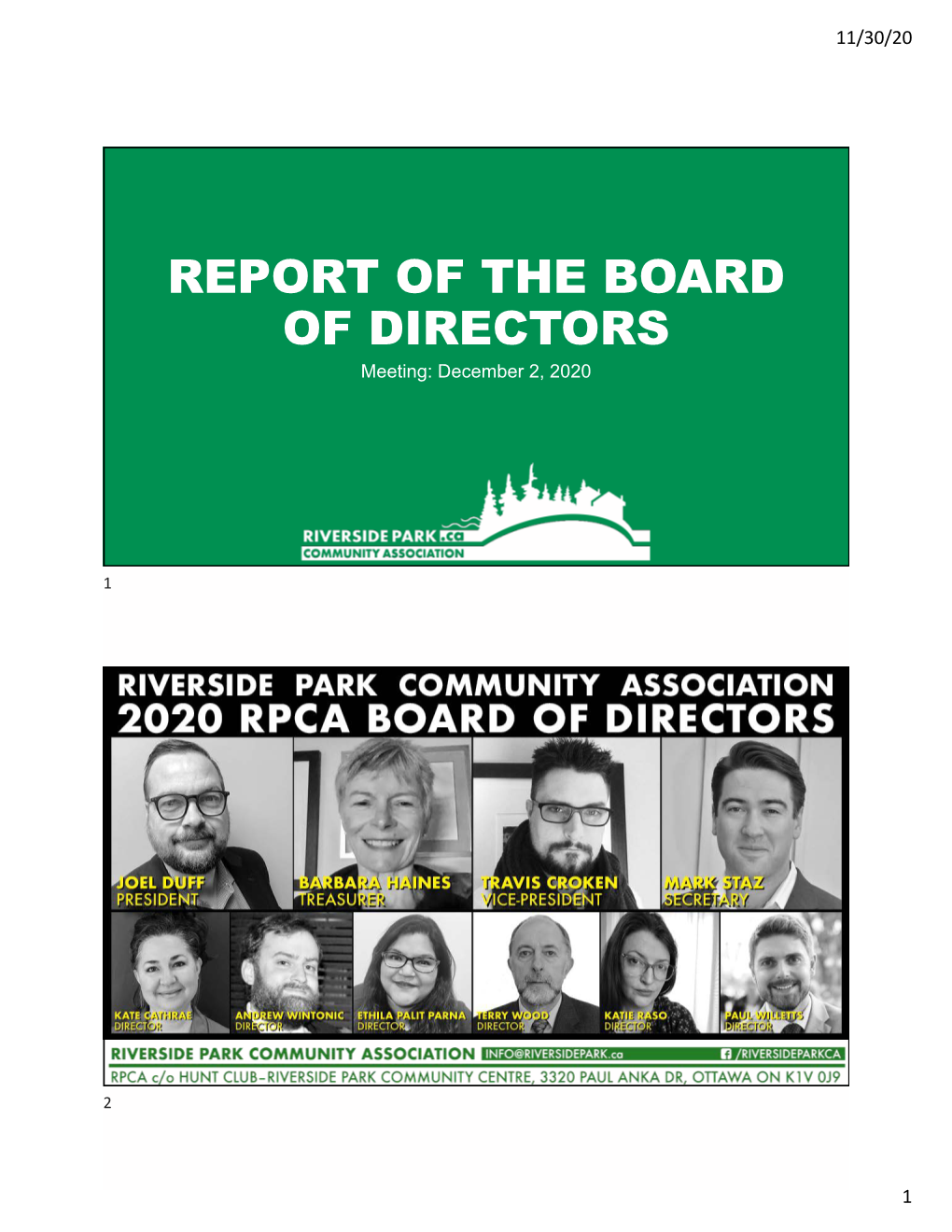 REPORT of the BOARD of DIRECTORS Meeting: December 2, 2020