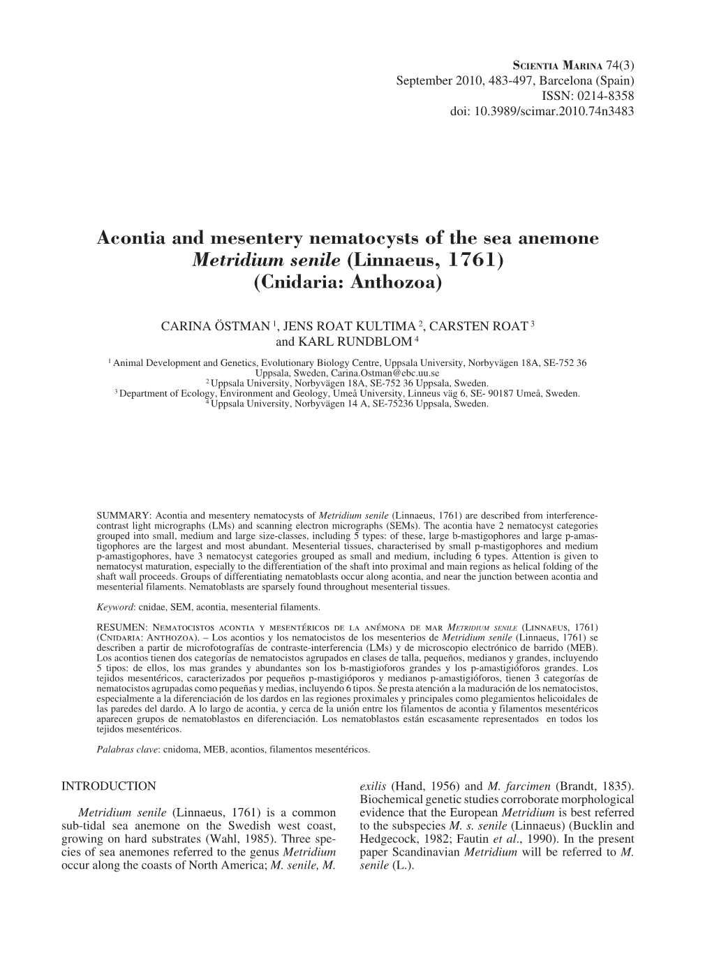 Acontia and Mesentery Nematocysts of the Sea Anemone Metridium Senile (Linnaeus, 1761) (Cnidaria: Anthozoa)