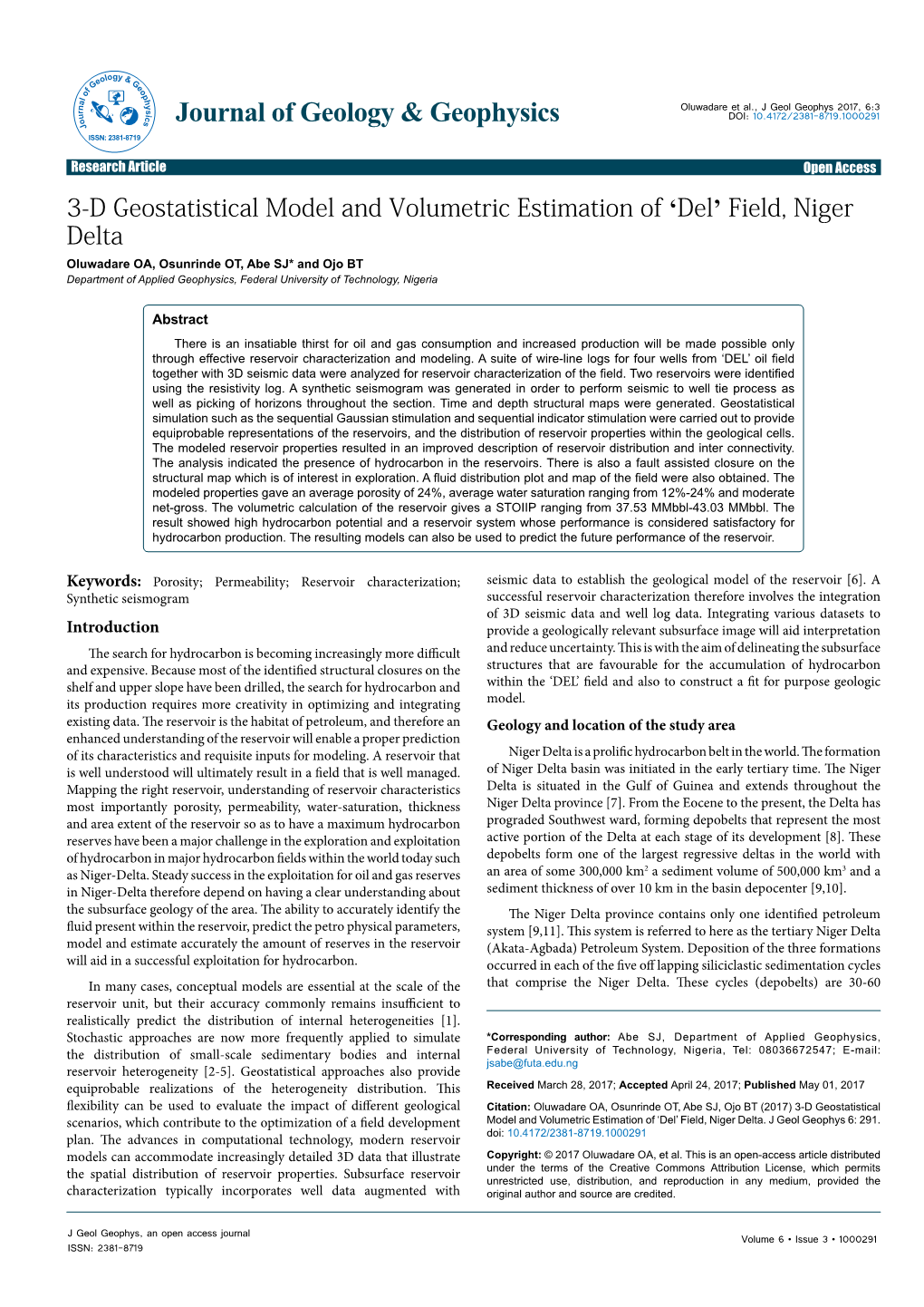 3-D Geostatistical Model and Volumetric Estimation of 'Del' Field