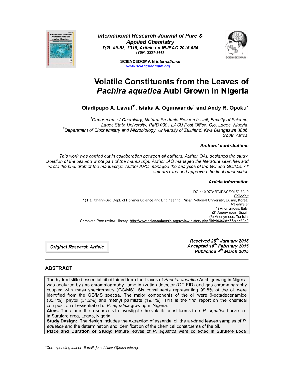 Volatile Constituents from the Leaves of Pachira Aquatica Aubl Grown in Nigeria