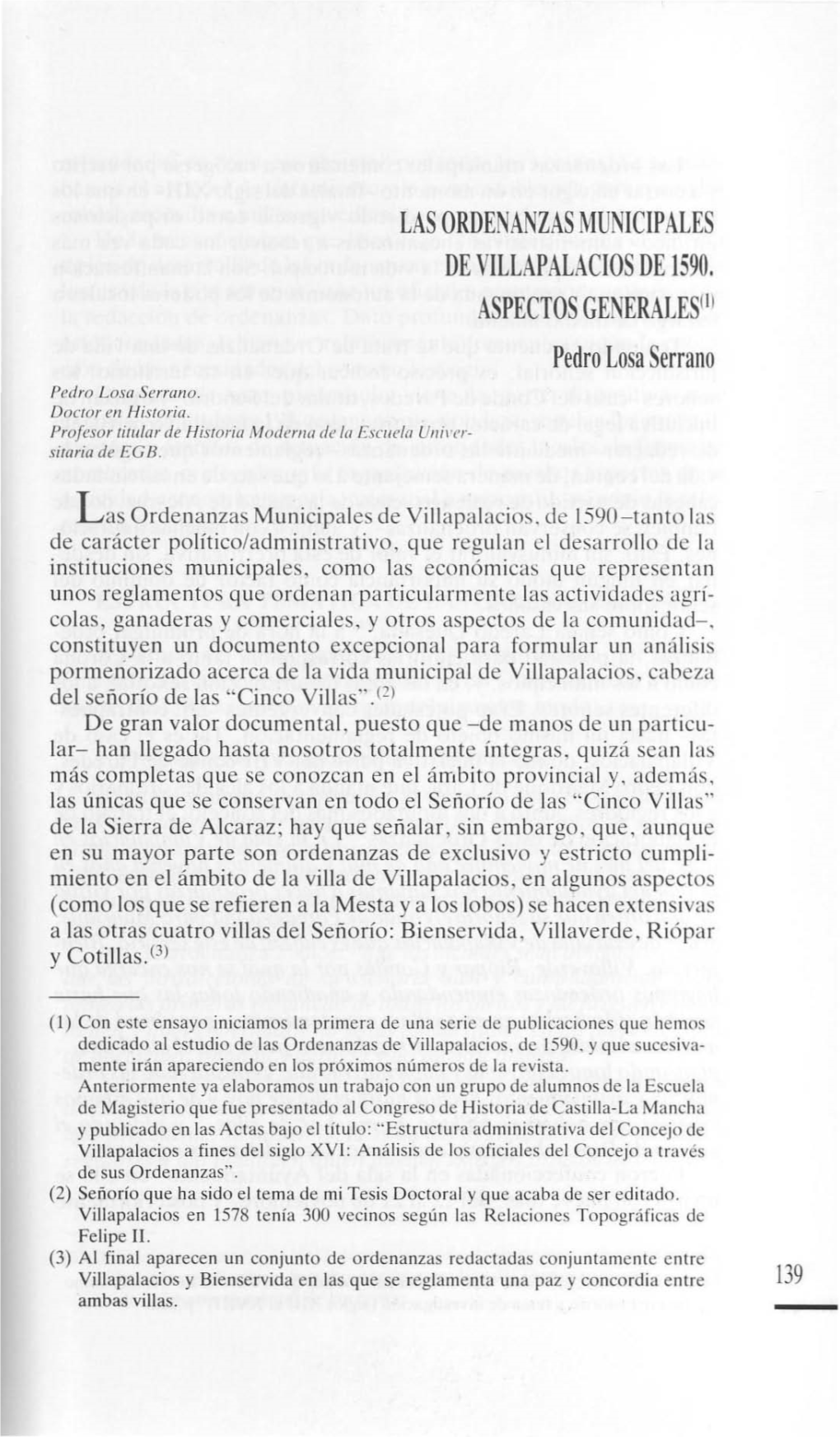 Las Ordenanzas Municipales De Villa Palacios De 1590