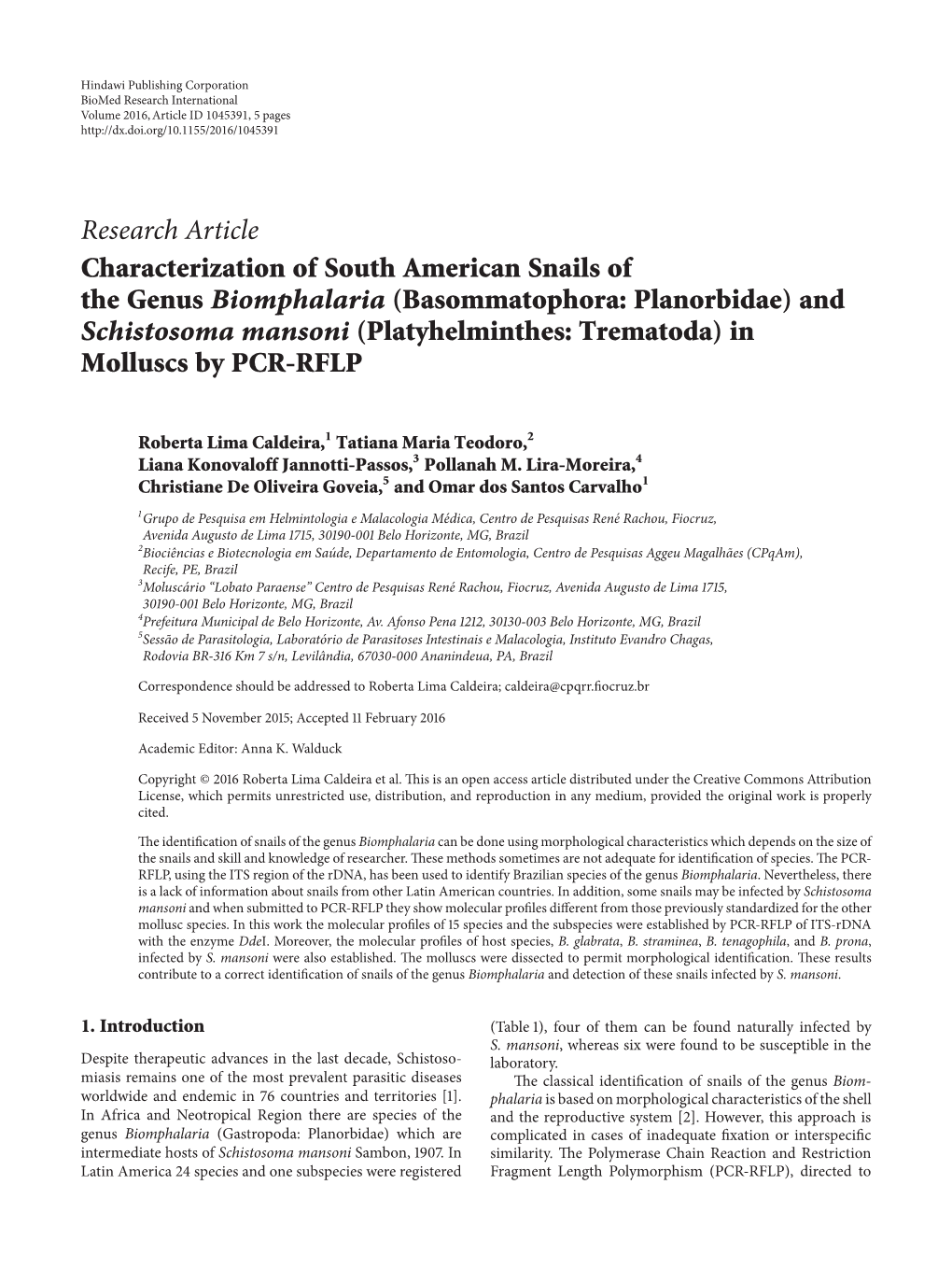 Characterization of South American Snails of the Genus Biomphalaria