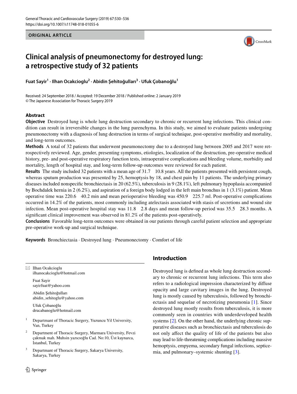 Clinical Analysis of Pneumonectomy for Destroyed Lung: a Retrospective Study of 32 Patients