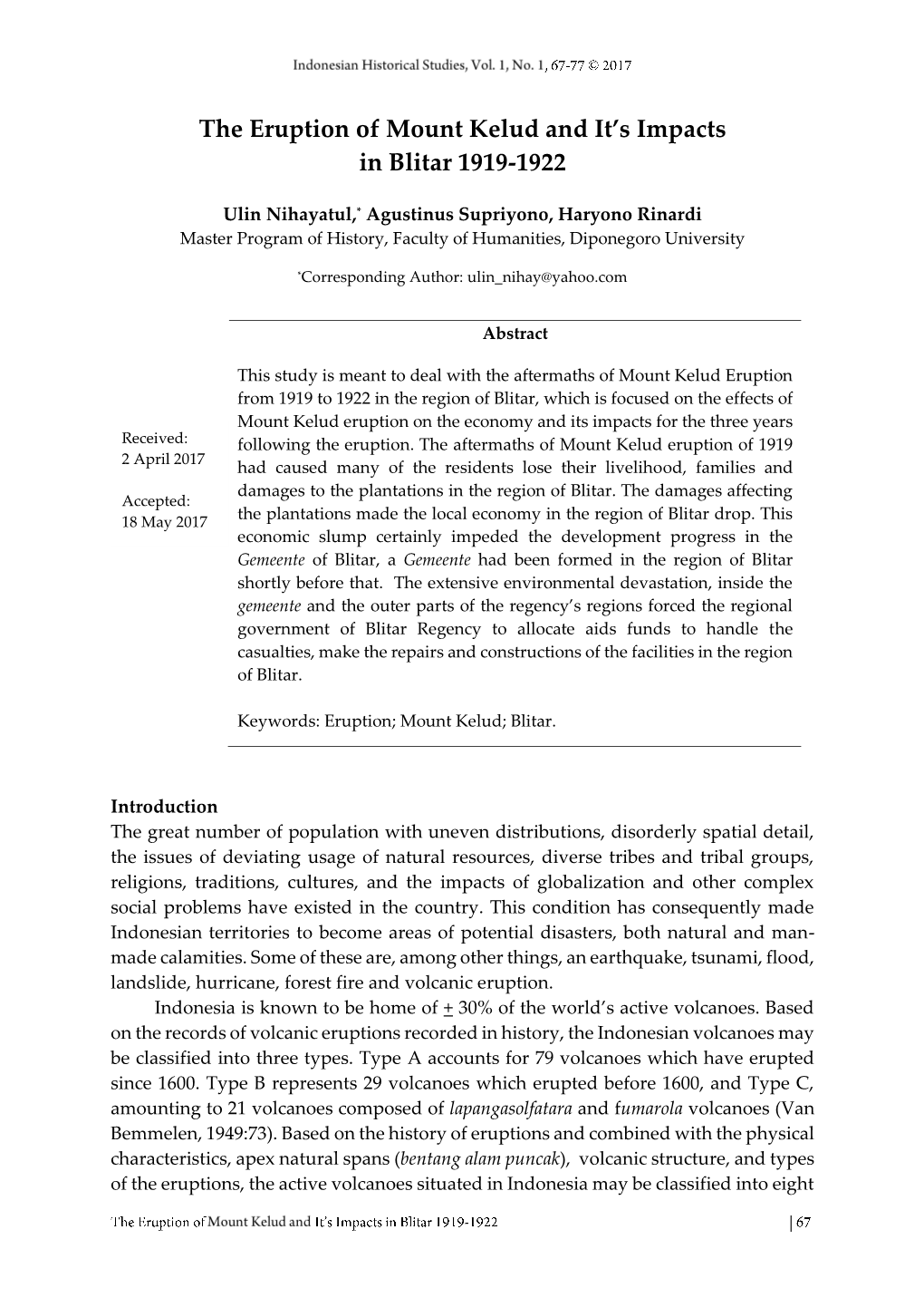 The Eruption of Mount Kelud and It's Impacts in Blitar 1919-1922