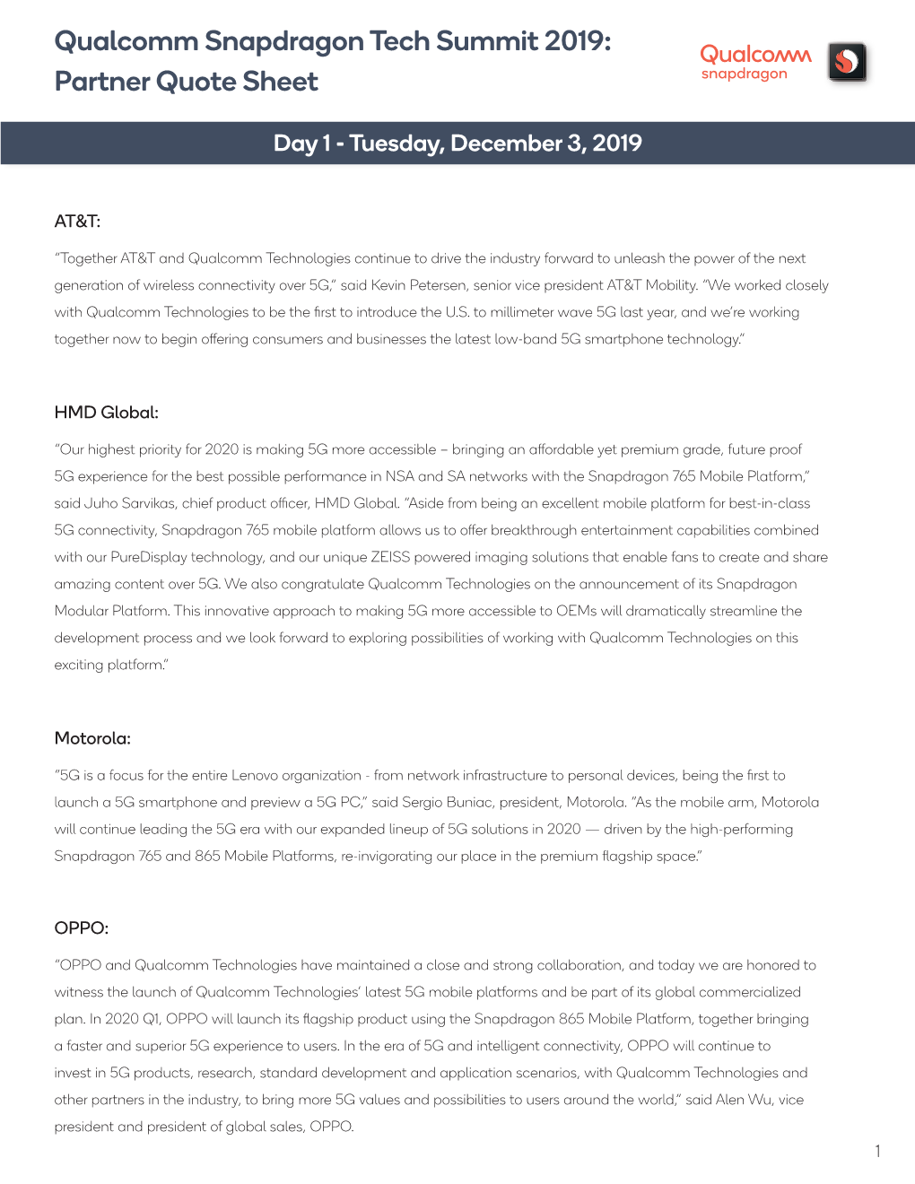 Qualcomm Snapdragon Tech Summit 2019: Partner Quote Sheet