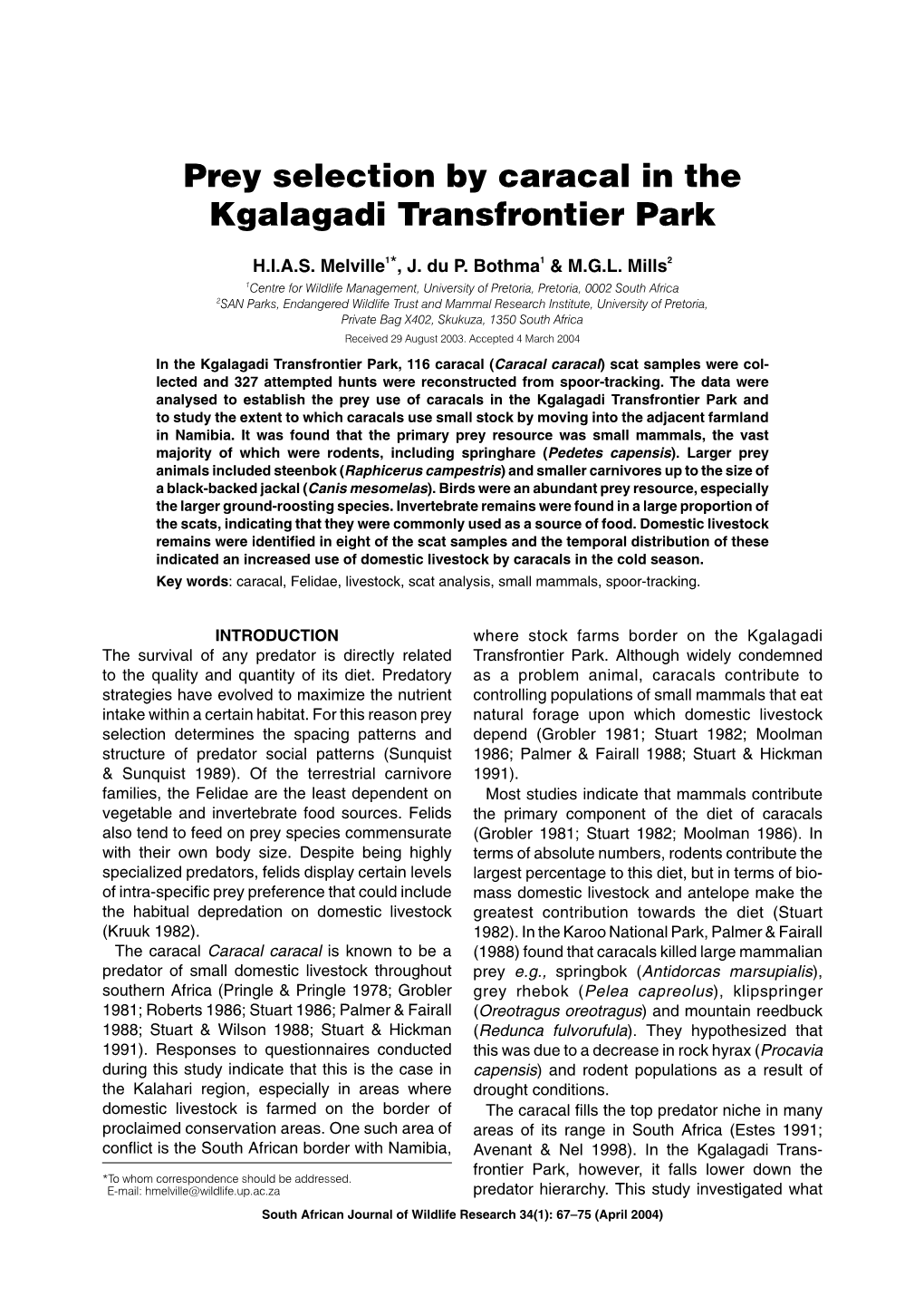 Prey Selection by Caracal in the Kgalagadi Transfrontier Park