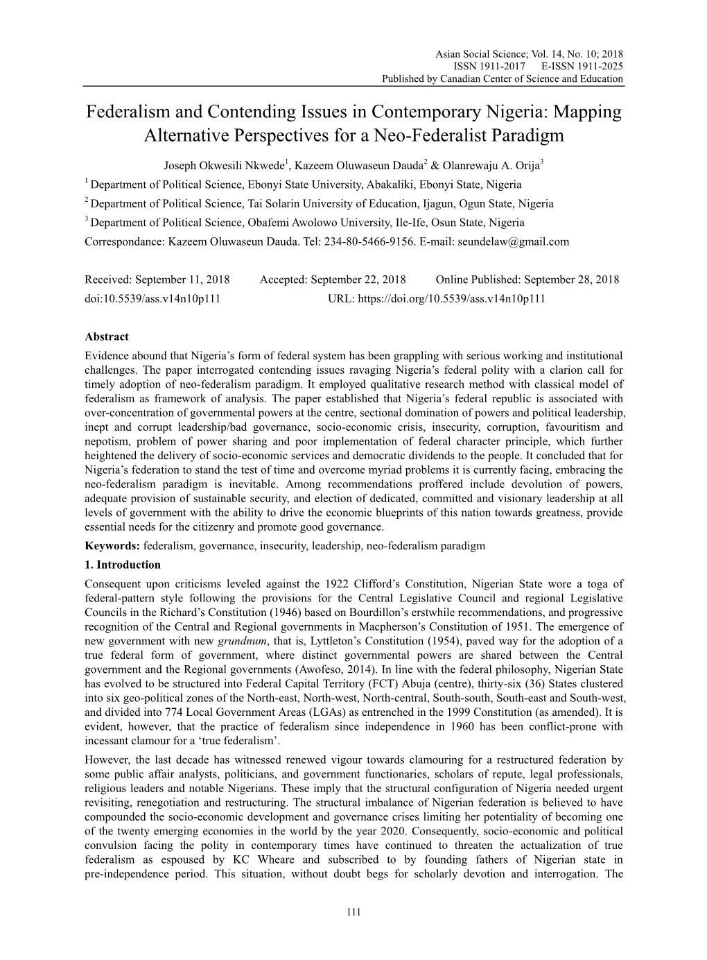 Federalism and Contending Issues in Contemporary Nigeria: Mapping Alternative Perspectives for a Neo-Federalist Paradigm