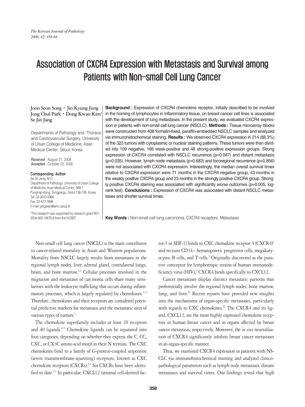 Association of CXCR4 Expression with Metastasis and Survival Among Patients with Non-Small Cell Lung Cancer