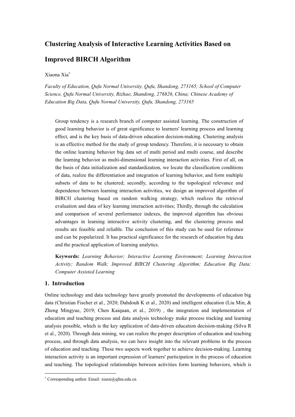 Clustering Analysis of Interactive Learning Activities Based on Improved BIRCH Algorithm