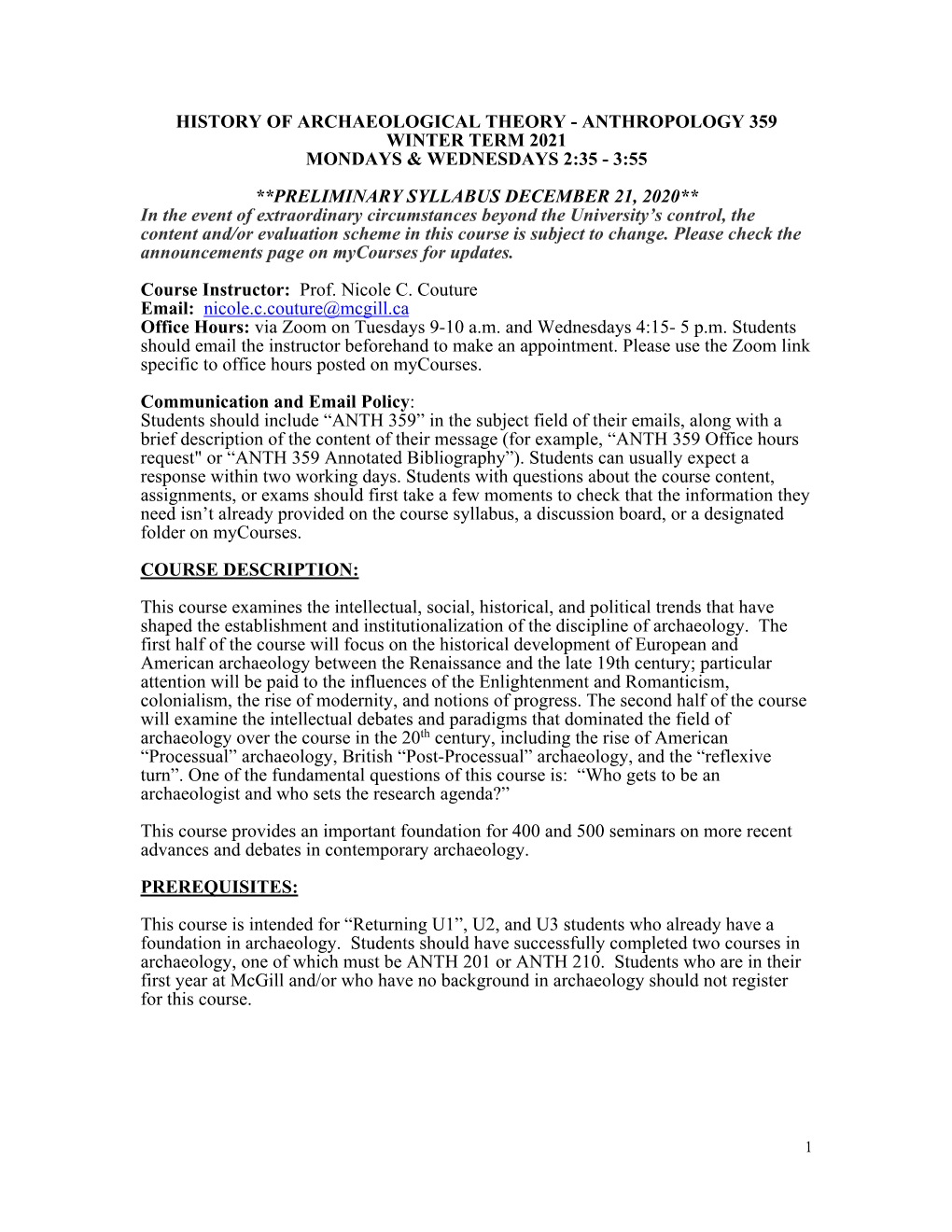 History of Archaeological Theory - Anthropology 359 Winter Term 2021 Mondays & Wednesdays 2:35 - 3:55